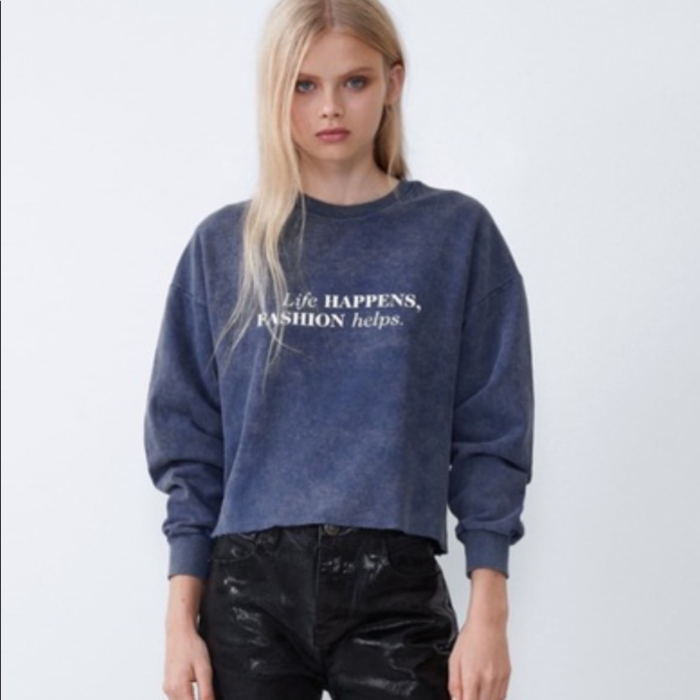Zara Cropped Sweater “Life happens Fashion Helps”